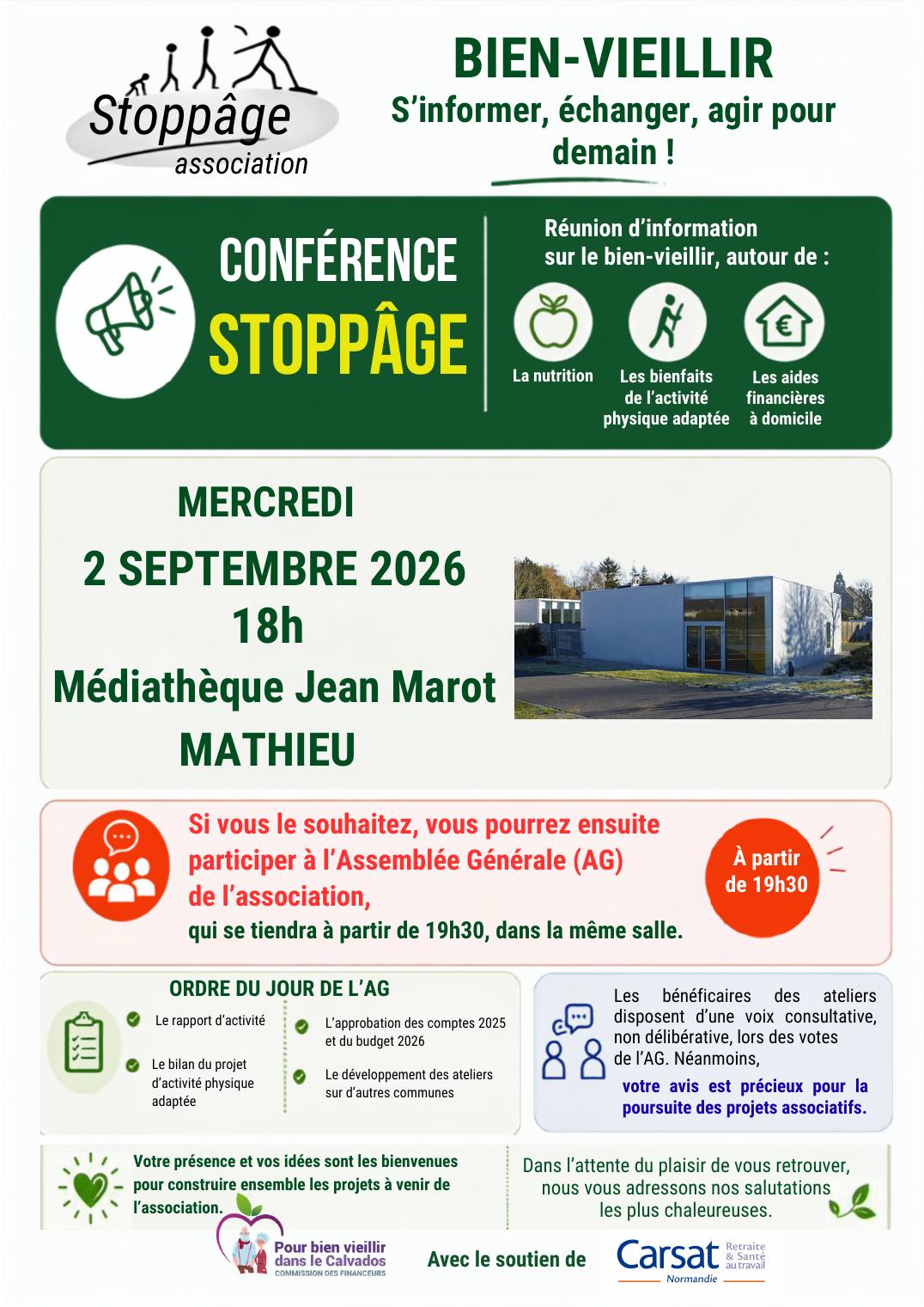 Affiche de la conférence Stoppâge du mercredi 2 septembre 2026 à 18h, médiathèque Jean Marot à Mathieu, suivie de l’assemblée générale à 19h30.